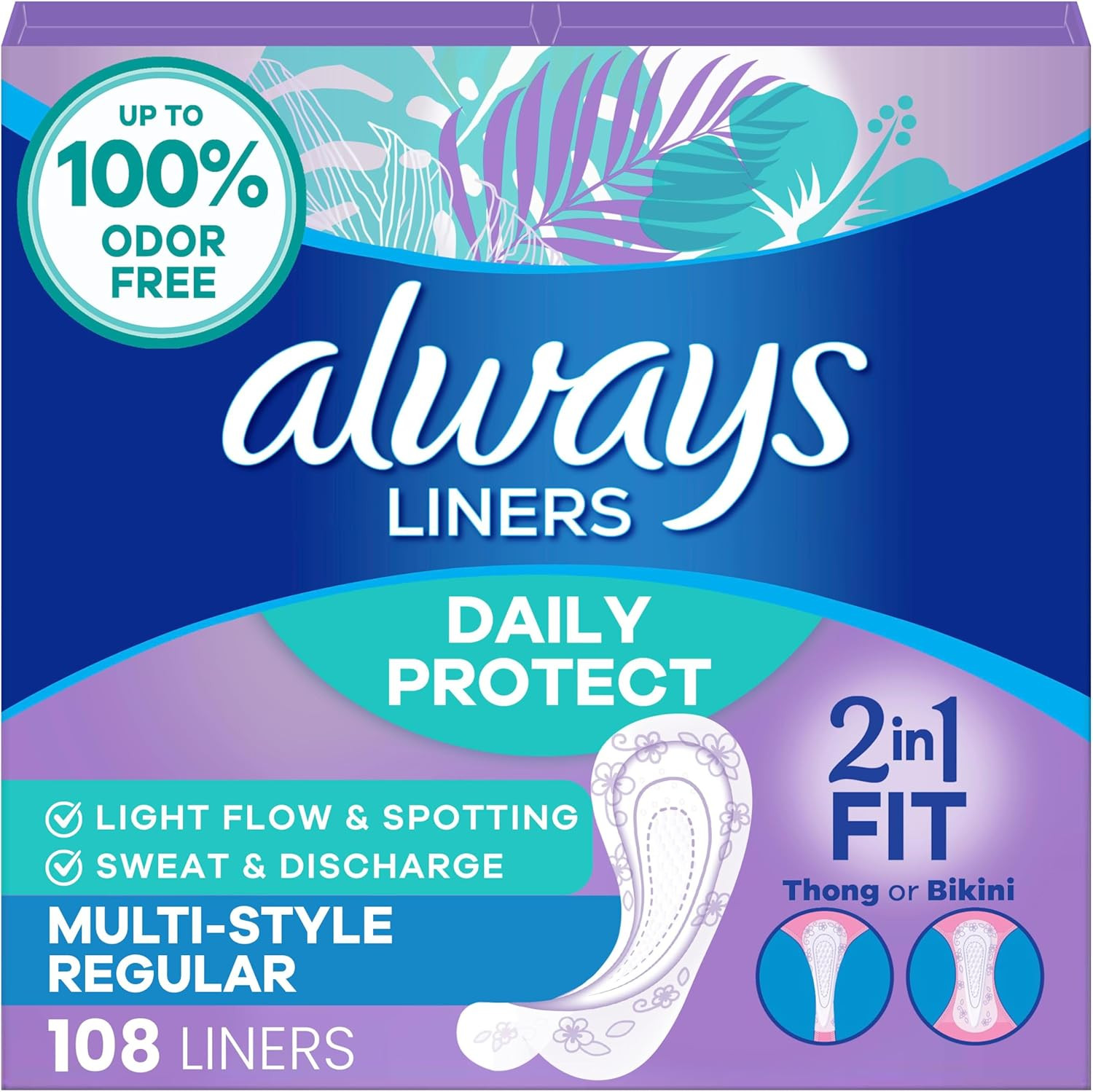 Always Daily Protect Multi-Style Liners, Regular Length, Unscented Panty Liners, Up to 100% Odor Free and Fragrance Free, Cleanguard Quilted Core Absorbs Wetness and Odors, 108 Count | Amazon (US)