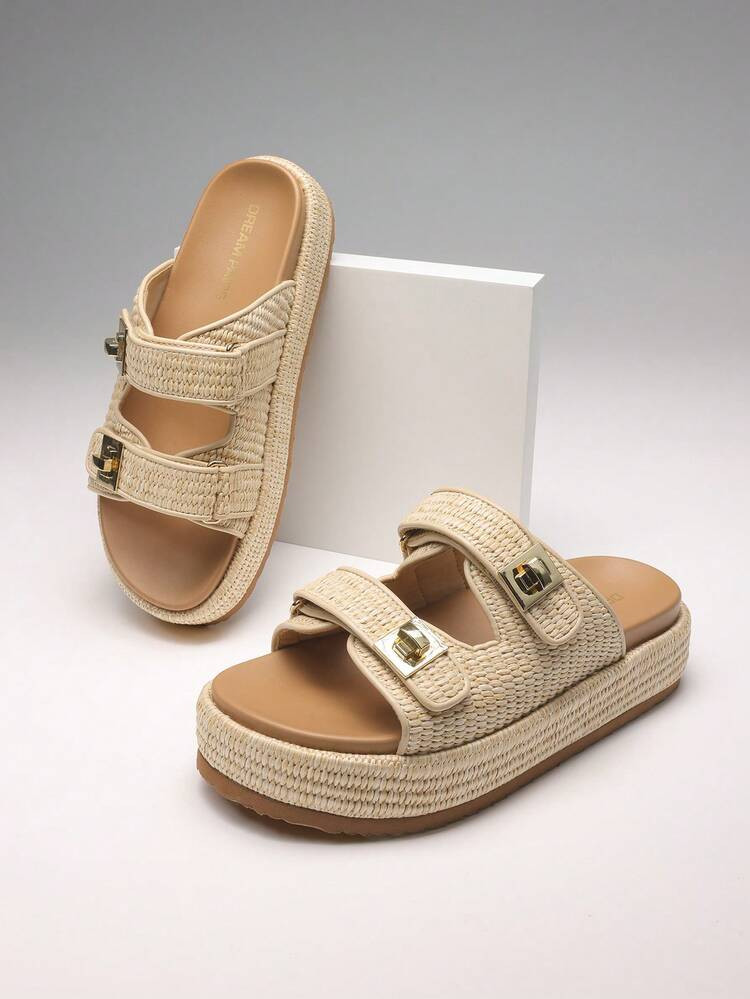 Women's Raffia Espadrilles 1.85-Inch Platform Sandals Comfortable Wedge Sandals Adjustable Buckle Cute Slide Beach Vacation Summer Shoes | SHEIN