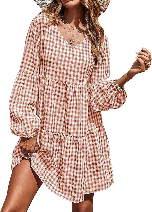 BTFBM Women Casual Long Sleeve V Neck Dresses Loose Fit Tunic Dress Flowy Plaid Pleated Mini Dres... | Amazon (US)