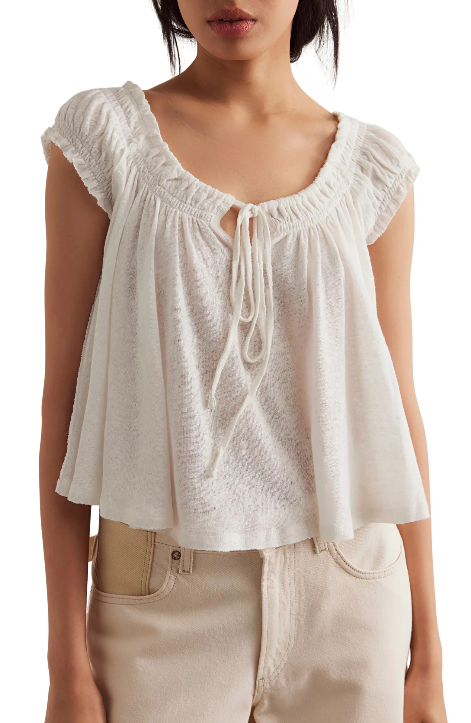 Dahlia Tie Front Linen & Cotton T-Shirt | Nordstrom