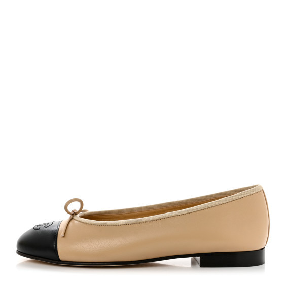 Lambskin Cap Toe CC Ballerina Flats 37 Beige Black | FASHIONPHILE (US)