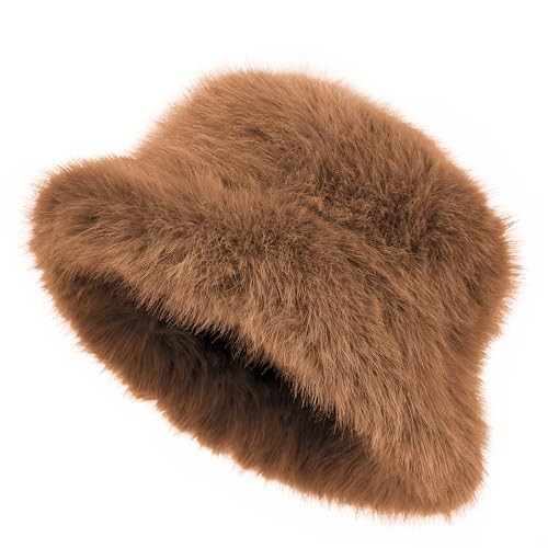 LA CARRIE Women's Fuzzy Wide Brim Faux Fur Bucket Hat Winter Warmer Fisherman Cap | Amazon (US)