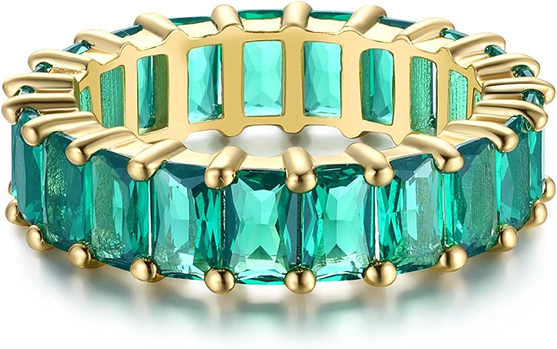 Nossa Green Emerald Band (5 Carat) 18K Gold Plated Claw Prong | Rectangle Emerald Cut Eternity Ba... | Amazon (US)