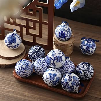 Poen 12 Pcs Chinoiserie Christmas Ornaments 2.36 Inch Blue White Ball Ornaments with Ribbon Poam ... | Amazon (US)