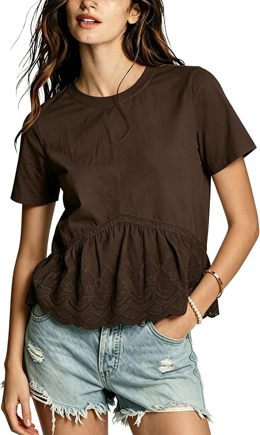 Women's Cropped Babydoll Tops Casual Embroidered Shirts Lace Panel Crewneck Blouse T Shirts Trend... | Amazon (US)