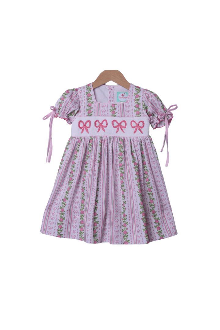 Smocked Fancy Floral Bow Pique Dress | The Smocked Flamingo
