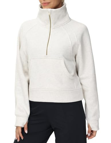 THE GYM PEOPLE Womens' Half Zip Pullover Fleece Stand Collar Crop Sweatshirt with Pockets Thumb Hole Off-white | Amazon (US)