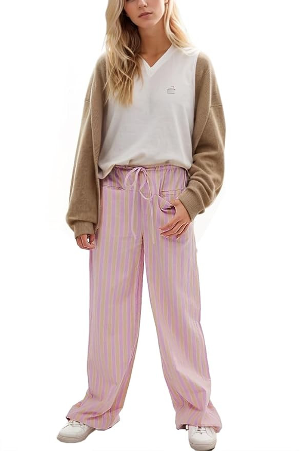 calbatic Women Striped Casual Lounge Pants Drawstring Wide Leg Low Rise Trousers with Pockets Loo... | Amazon (US)