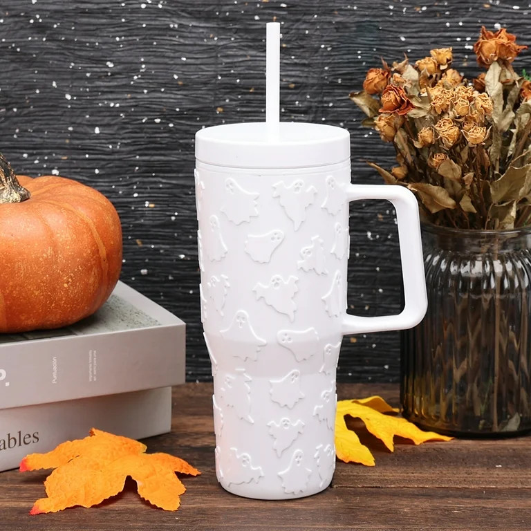 Way To Celebrate 30 Ounce Acrylic Double Wall Embossed Ghost Tumbler with Straw and Handle, White... | Walmart (US)