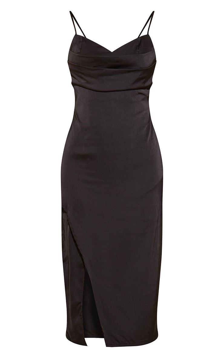Black Strappy Drape Front Satin Midi Dress | PrettyLittleThing US