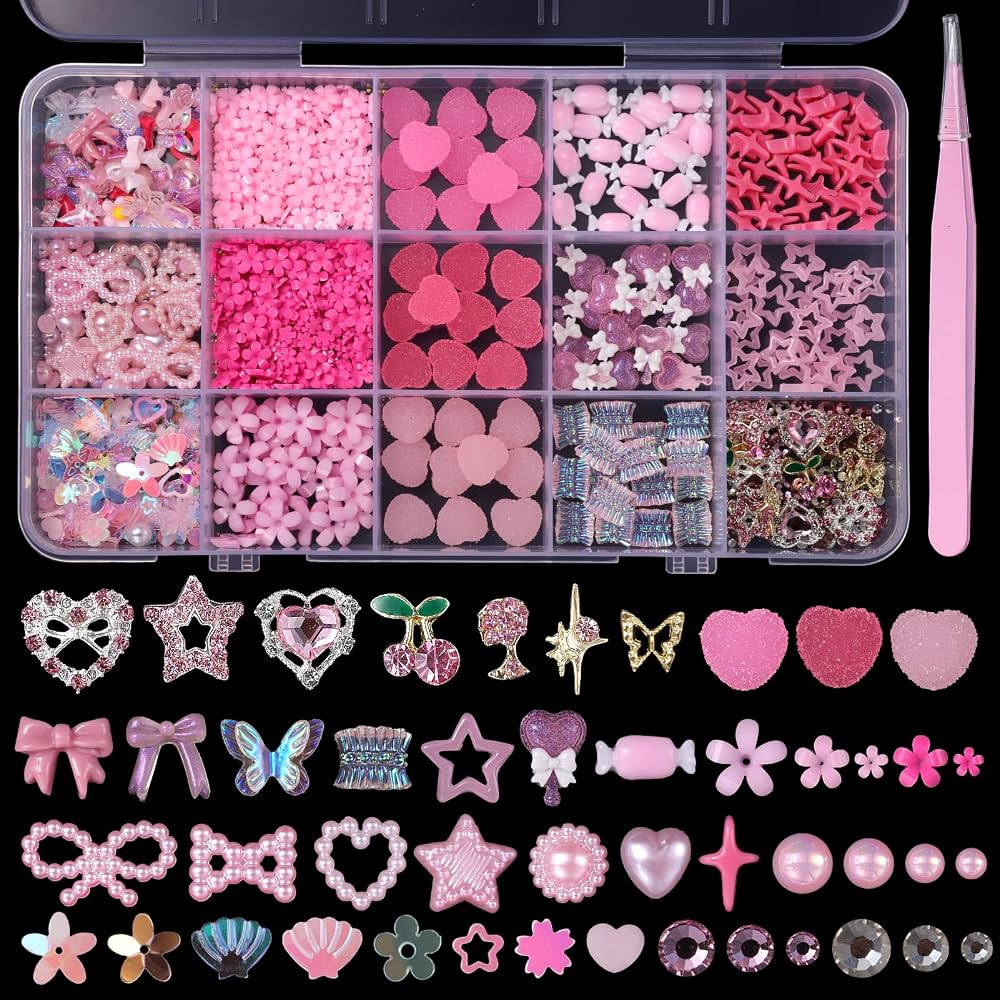 3D Assorted Flower Heart Nail Charms and Gems, Pink Color Floral Gummy Candy Charms Nails, Star B... | Amazon (US)
