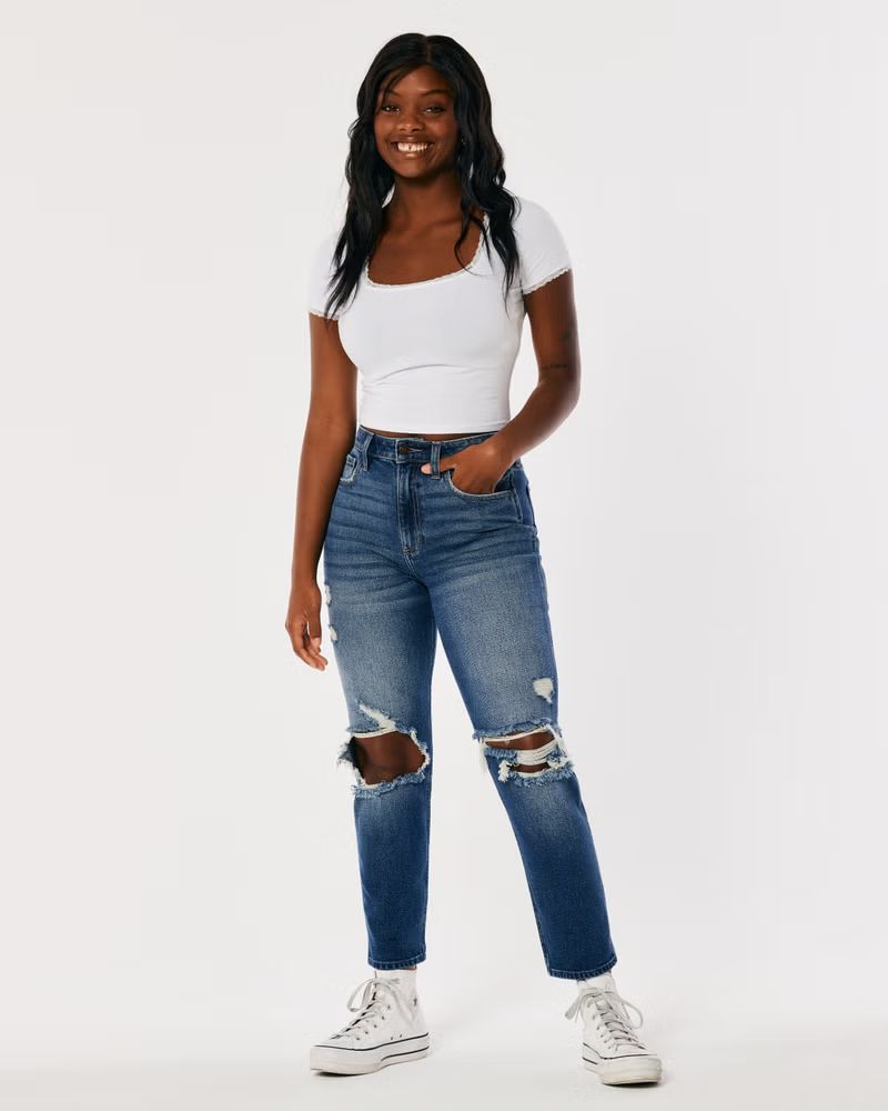 Women's Curvy High-Rise Ripped Dark Wash Mom Jeans | Women's Bottoms | HollisterCo.com | Hollister (US)
