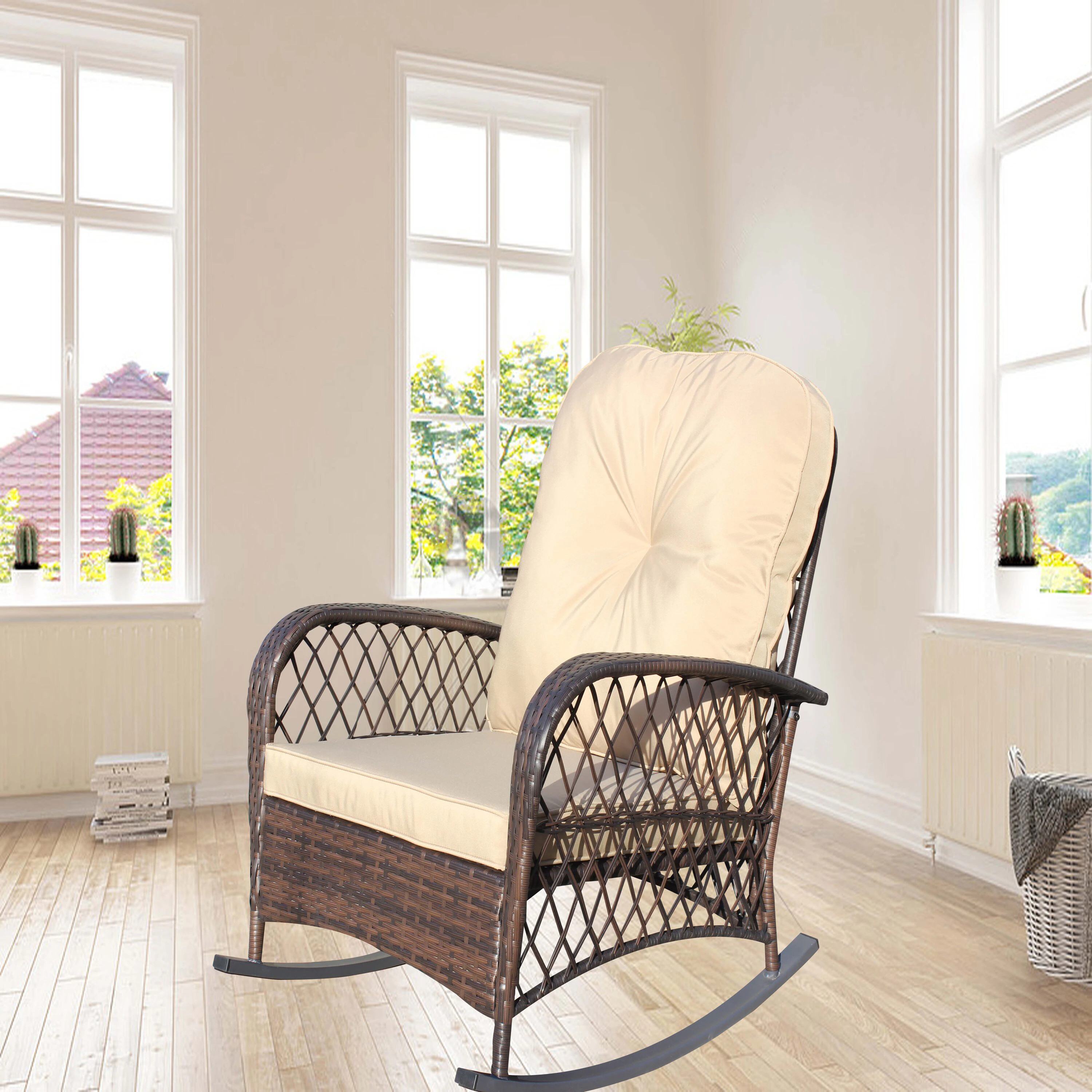 PetriMins Outdoor Wicker Rocking Chair with Shallow Brown Cushion High Quality PE Rattan Patio Rocker for Porch Patio and Poolside Cotton one_size | Lowe's