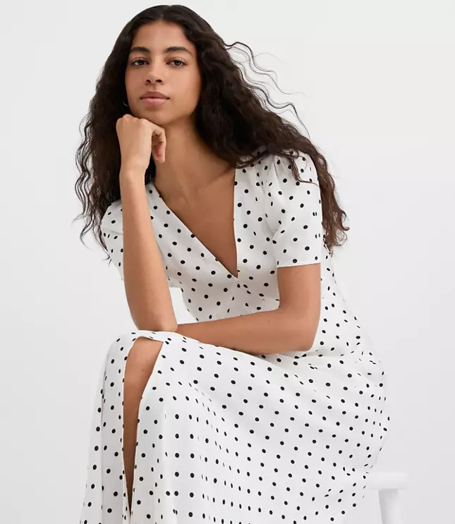 Dotted V-Neck Midi Dress | LOFT