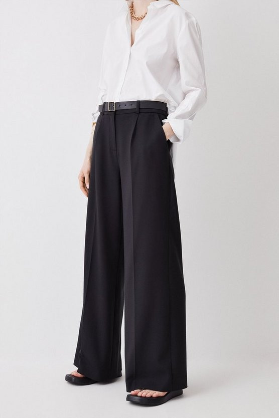 Compact Stretch Belted Wide Leg Trouser | Karen Millen UK + IE + DE + NL