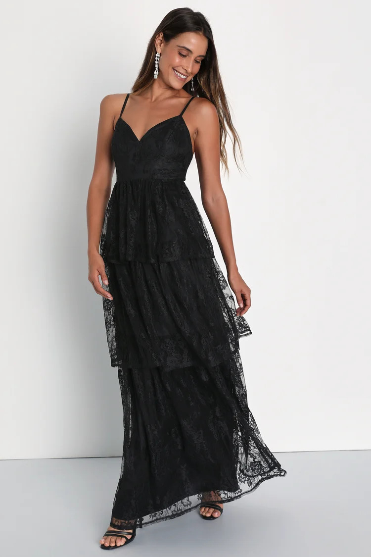 Tier I Go Black Lace V-Neck Sleeveless Tiered Maxi Dress | Lulus