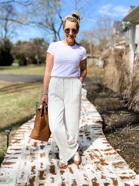 All white outfit. White dress. White pants. Trousers. Abercrombie. Naghedi. Woven tote bag. Sandals. Retro sunglasses. Size up 1 in the pants  

#LTKSeasonal #LTKstyletip #LTKFind