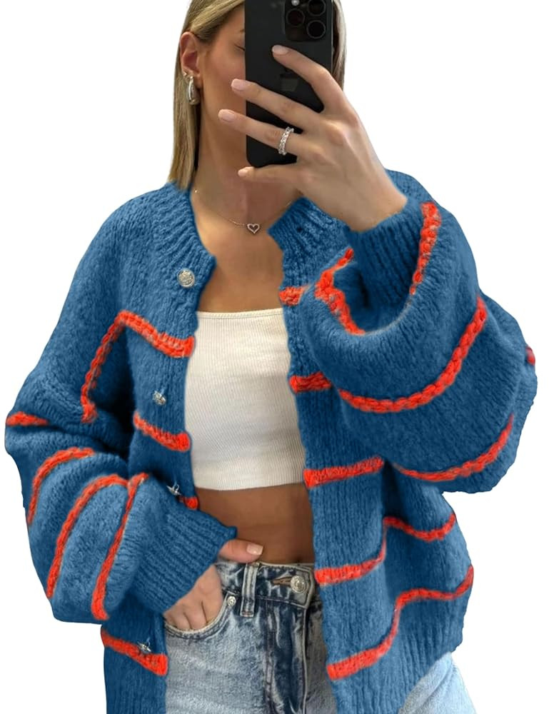 QIBABU Womens Striped Cardigan Sweaters Casual Open Front Long Sleeve Button Down Knit Outwear | Amazon (US)
