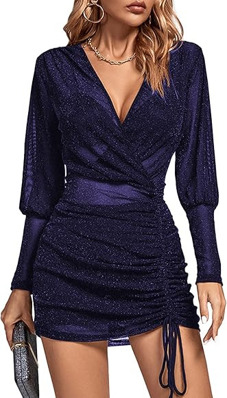 Rooscier Women's Sheer Mesh Glitter Wrap V Neck Long Sleeve Ruched Drawstring Bodycon Mini Dress | Amazon (US)