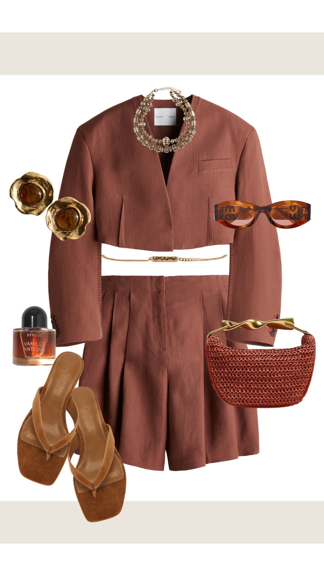 Crop blazer & Bermuda shorts matching set, raffia bag, suede kitten heels, chunky gold jewellery, Miu Miu sunglasses & gold chain belt. 
Summer casual chic, brunch outfit, date night, co-ord set, high street, going out, ootd.

#LTKmodest #LTKuk #LTKsummer