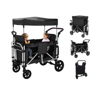 Stroller Wagon For 2 Kids, Wagon Cart Featuring 2 High Seat With 5-point Harnesses And Adjustable Canopy, Foldable Push-pull Rod Wagon Stroller For G | Wayfair North America