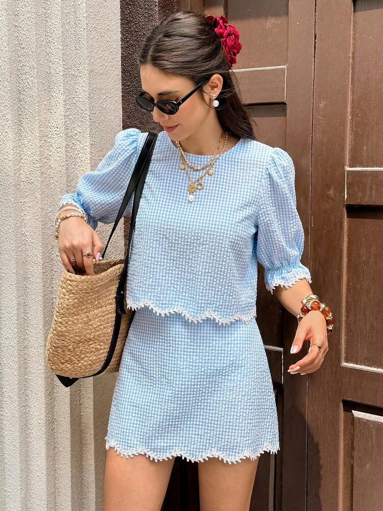 Serisse Women's Round Neck Plaid Top And Mini Skirt Casual Cute Daily 2 Pieces Set Vacation Blue ... | SHEIN