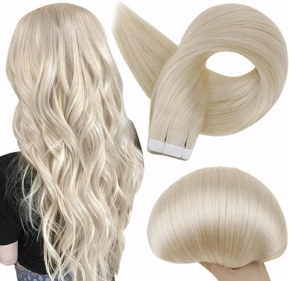Full Shine Fashion Tape Hair Extensions Real Remy Human Couture Short 12 Inch Color 60 Platinum B... | Amazon (US)