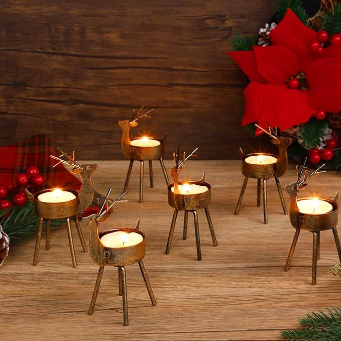 Juegoal Reindeer Tealight Candle Holders, Set of 6 Christmas Decorations Standing Iron Metal with... | Amazon (US)