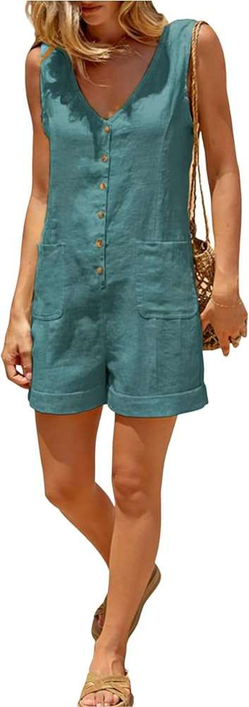 Yeokou Womens Overall Button Down Jumpsuits Cotton Linen Sleeveless Casual Wide Legs Romper Short... | Amazon (US)