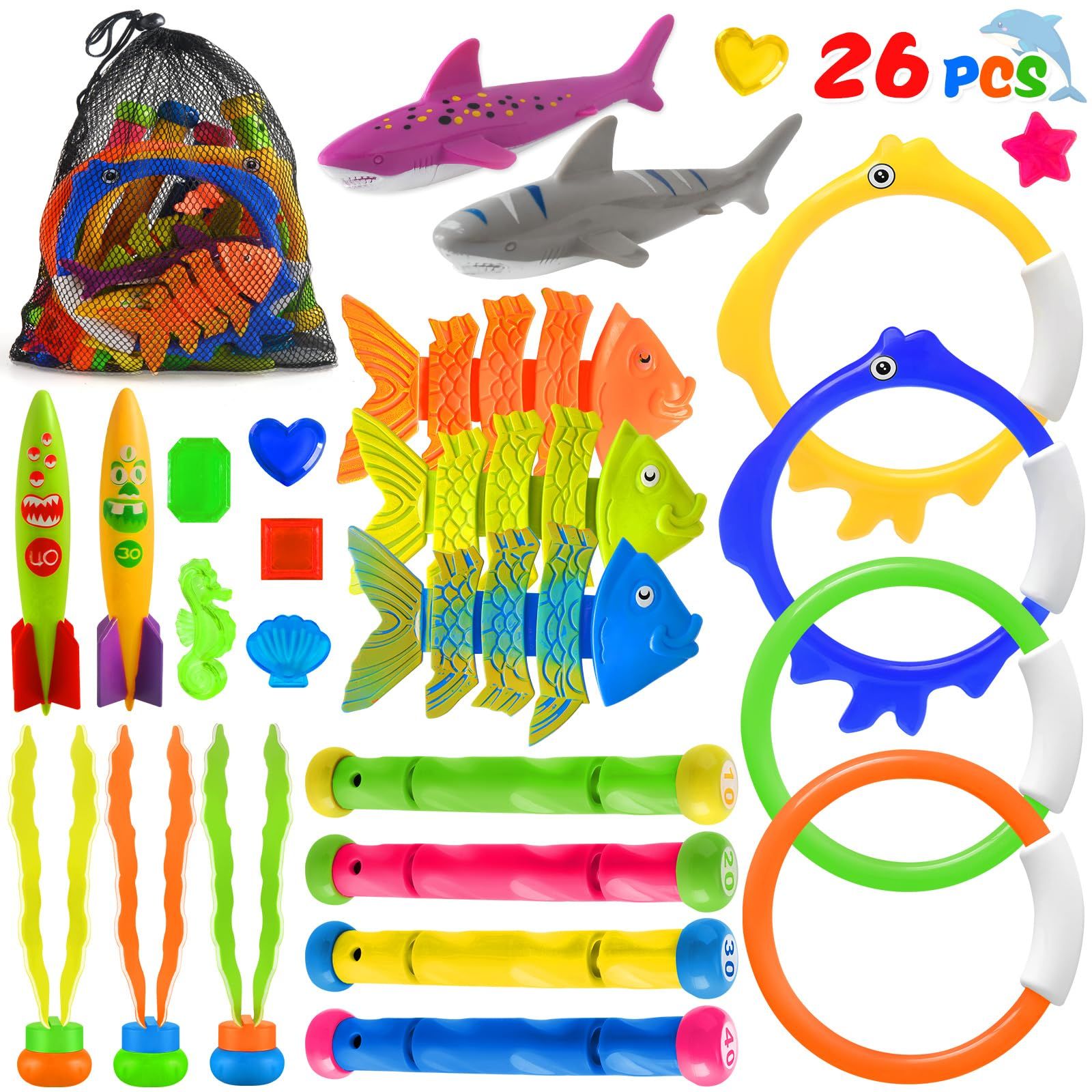 KMUYSL 26 Pcs Diving Pool Toys for Kids, Swimming Underwater Pool Toys for Ages 4-8, Summer Beach... | Amazon (US)