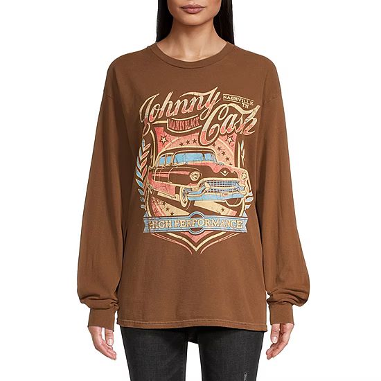 new!Juniors Johnny Cash Oversized Womens Crew Neck Long Sleeve Graphic T-Shirt | JCPenney