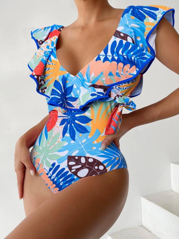 Tropical Print Ruffle Trim One Piece Swimsuit | SHEIN