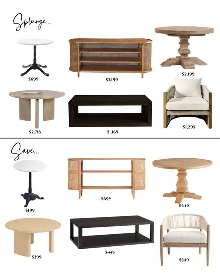 Splurge or save. Look for less. Home dupes. Furniture dupes. Marble pedestal table. Round coffee table. Entryway table. Rattan console table. Console table with shelving: round dining table. Pedestal dining table. Restoration hardware dupe. Woven outdoor chair. Patio outdoor chair. Rope outdoor chair. Rope patio chair. Black coffee table. Large coffee table. Rectangle coffee tables. Coffee table with shelf storage. White oak coffee table. White oak dining table. Modern coffee table. 

#LTKsalealert #LTKfamily #LTKhome