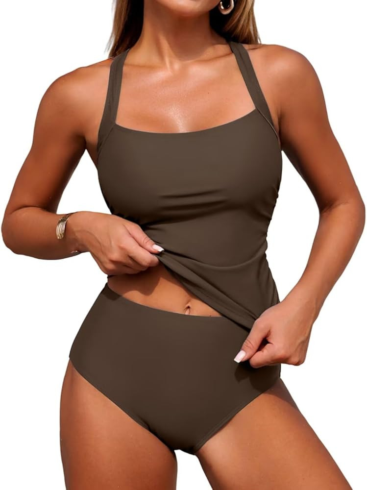 ZAFUL Women's Tankini Swimsuits Tummy Control Swimwear Two Piece Bathing Suits Swim Top with High... | Amazon (US)