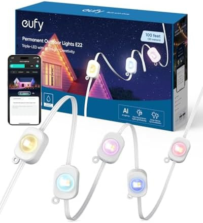 eufy Permanent Outdoor Lights E22, 100ft with 60 Triple-LED Lights, Smart RGBWW for Christmas, Da... | Amazon (US)