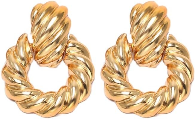 14K Gold Door Knocker Statement Earrings for Women Geometric Circle Twisted Earrings Round Drop D... | Amazon (US)