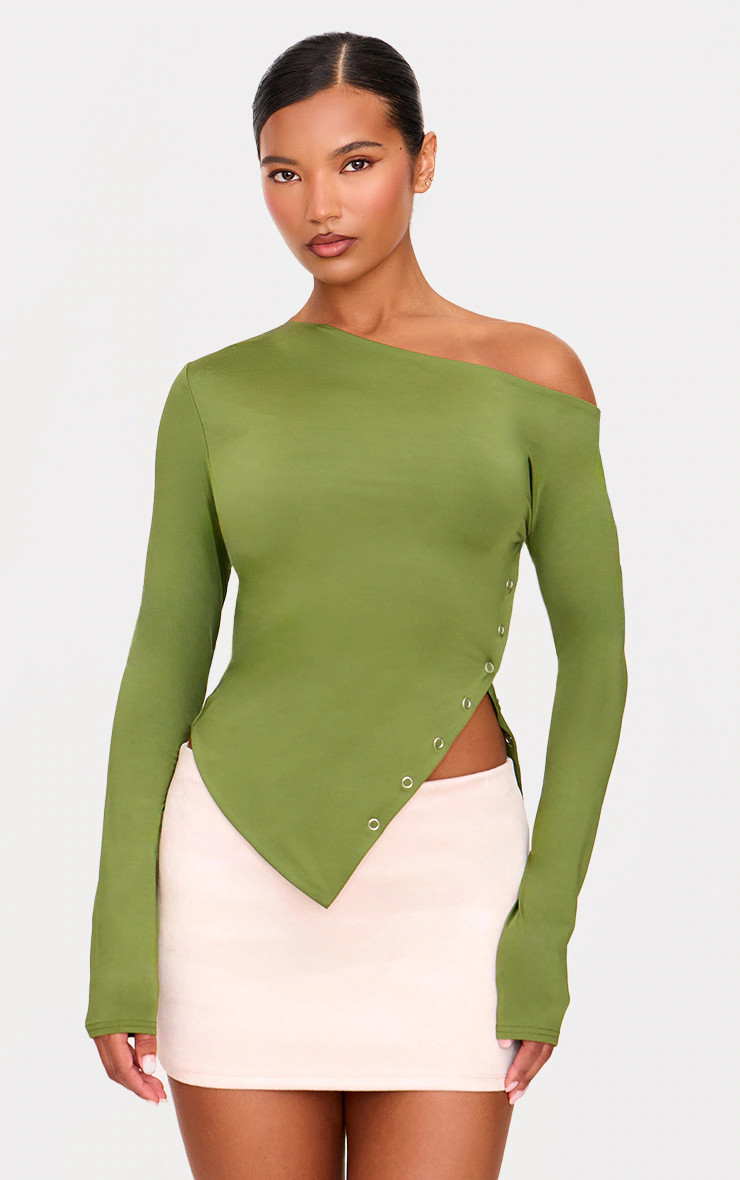 Olive Asymmetric Neck Popper Long Sleeve Top | Tops | PrettyLittleThing US