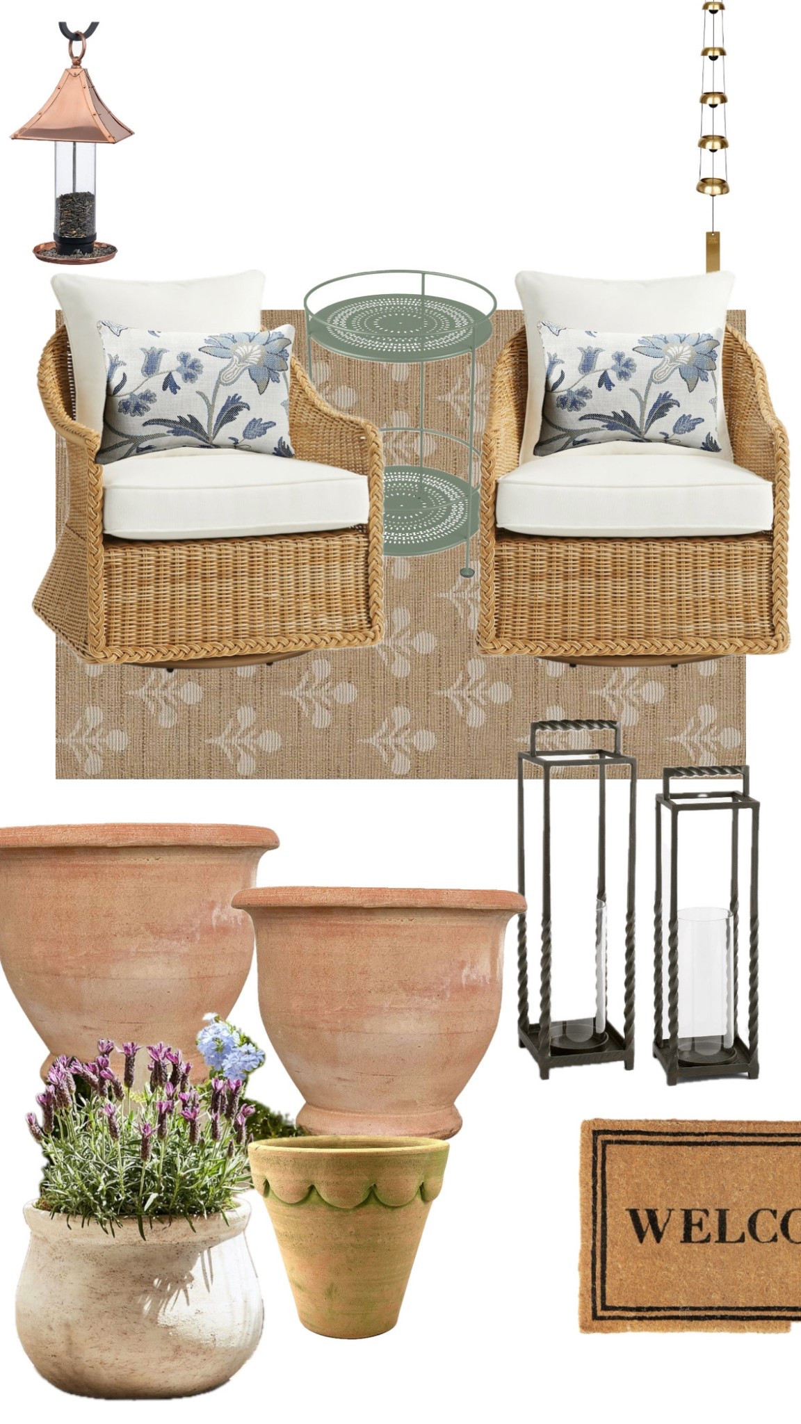 Charming English cottage front porch vibes

Pottery barn, terra-cotta pots, outdoor lanterns, block print outdoor rug, sage green metal outdoor table, copper birdfeeder

#LTKSeasonal #LTKSummerEdit #LTKHome