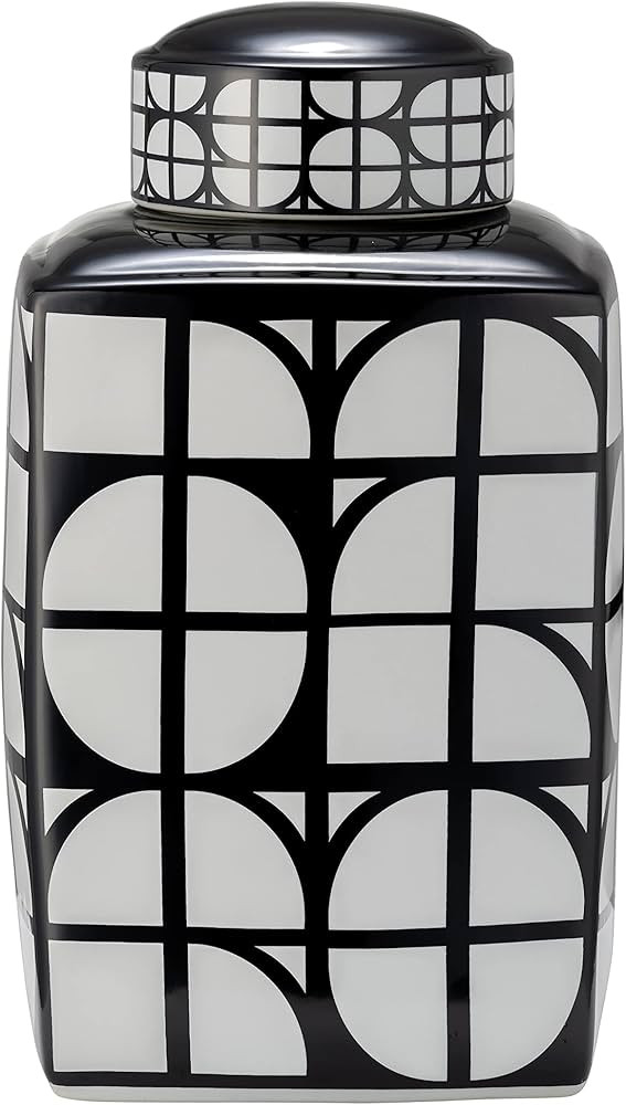 16" Square Jar with Lid - Ceramic Black and White Retro Geometric Design Stoneware - Decorative J... | Amazon (US)