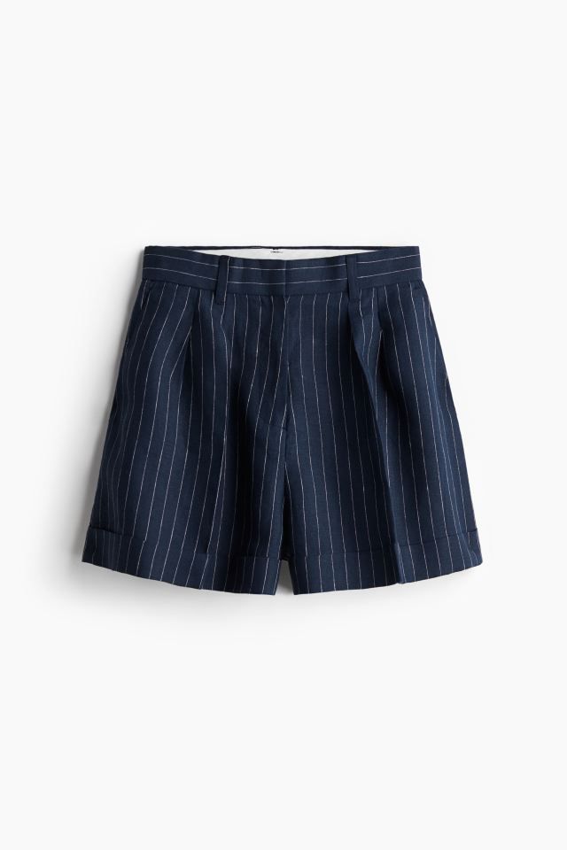 Linen Shorts - High waist - Short - Navy blue/pinstriped - Ladies | H&M US | H&M (US + CA)