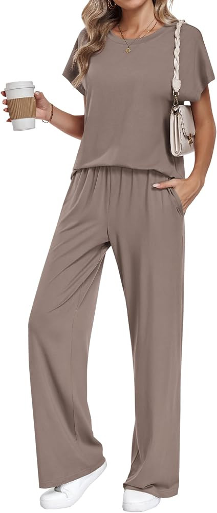 AUSELILY Women's Batwing Short Sleeve Two Piece Sets Summer Crew Neck Wide Leg Pants Matching Set... | Amazon (US)
