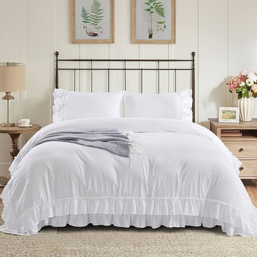 HIG 3 Piece Chic King Ruffle Duvet Cover Off White Handmade Rustic Ruffle - 100 Pre-Washed Microf... | Amazon (US)