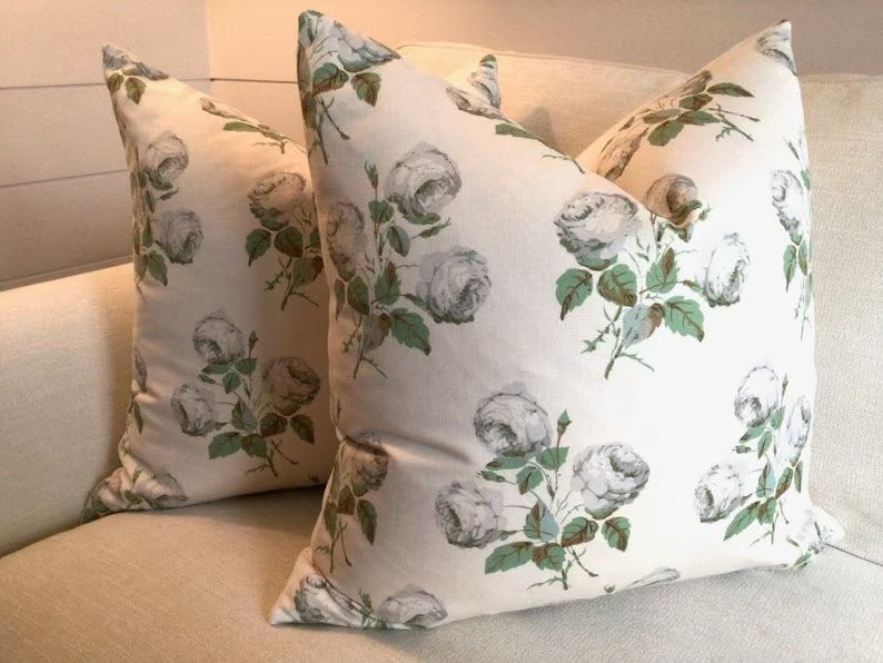 Colefax and Fowler classic "Bowood" floral pillow cover in soft grey, green on ecru cotton | Etsy (US)