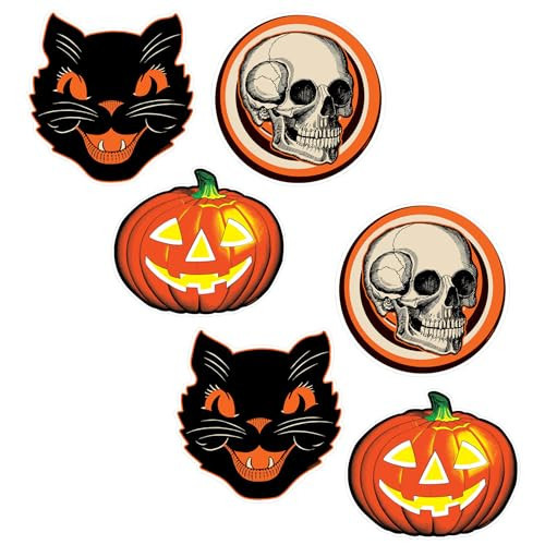 Beistle Plastic Vintage Halloween Cutouts – 6 Pack, Classic Retro-Style Decorations with Black Cat, Skull & Jack-O’-Lantern, Indoor or Outdoor Décor for Spooky Seasonal Displays & Parties, 10”–12” | Amazon (US)