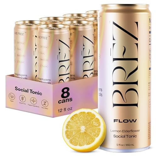 BRĒZ FLOW Alcohol Alternative Drink – Non Alcoholic Sparkling Drink with Lion’s Mane Mushroom, Lemon Elderflower, Adaptogen Beverage for Mood & Focus, Alcohol Alternatives with a Buzz, 8 Pk 12 Fl Oz | Amazon (US)
