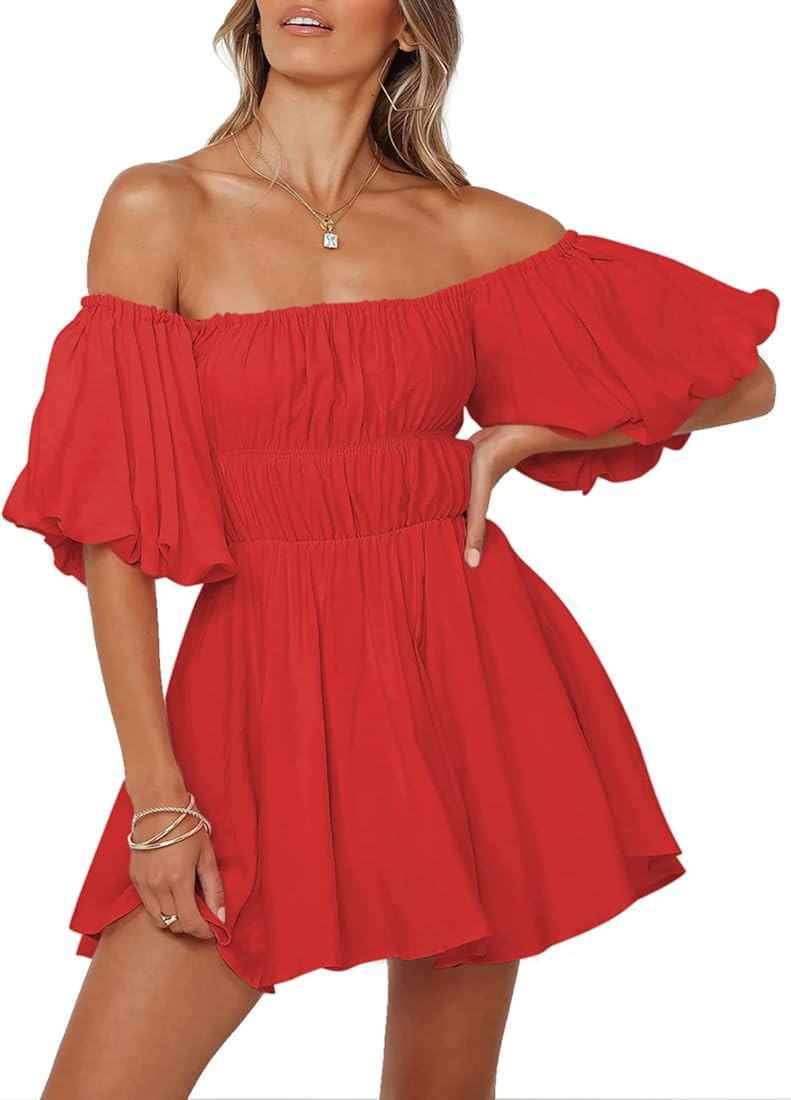 Dokotoo Womens Off Shoulder Summer Dresses Short Lantern Sleeve Ruffle Elastic Waist A-Line Casua... | Amazon (US)