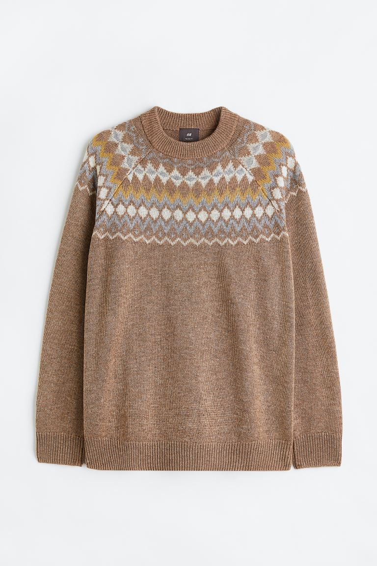 Relaxed Fit Jacquard-knit Sweater - Dark beige/patterned - Men | H&M US | H&M (US + CA)