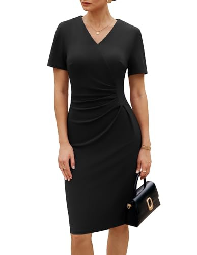 GRACE KARIN Summer Cocktail Dresses for Women 2026 Short Sleeve Elegant Church Dresses Ruched V-Neck Work Sheath Bodycon Midi Dress Black XXL | Amazon (US)