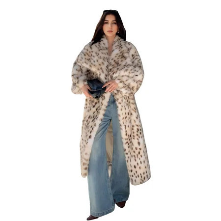 DJBM Women Large Lapel Long Overcoat Furry Comfy Leopard Faux Fur Pocketed Clothing for Daily Shopping Long Beige 4XL | Walmart (US)
