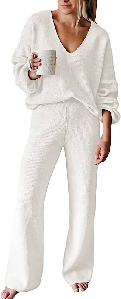 Viottiset Women's 2 Piece Outfits Casual V Neck Knit Wide Leg Sweater Lounge Set Sweatsuit | Amazon (CA)